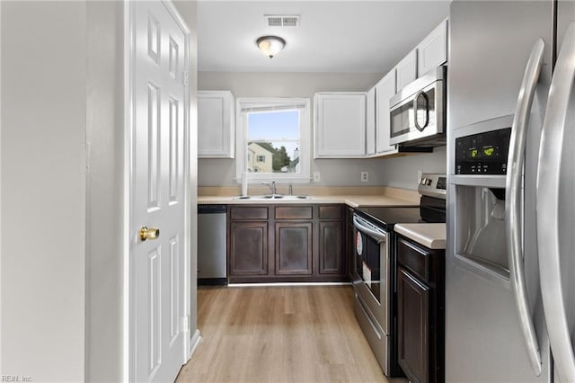 kitchen featuring dark brown cabinetry, sink, white cabinetry, appliances with stainless steel finishes, and light hardwood / wood-style floors