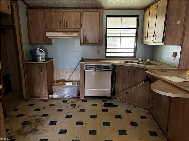 kitchen with a textured ceiling, sink, and ventilation hood