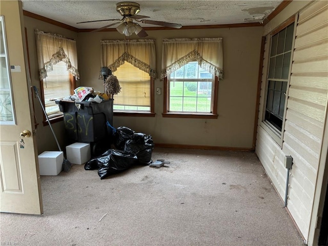 miscellaneous room featuring a textured ceiling, carpet, ornamental molding, and ceiling fan