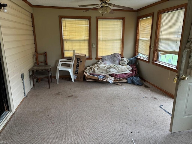 carpeted bedroom featuring ceiling fan and crown molding