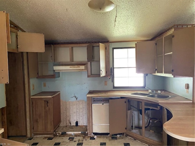 kitchen featuring a textured ceiling, sink, and white dishwasher