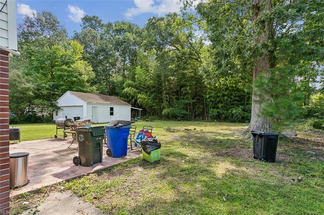 view of yard featuring a patio and a shed