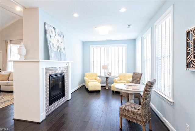 sitting room featuring a wealth of natural light, lofted ceiling, and dark wood-type flooring