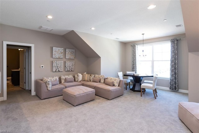 living room featuring light carpet