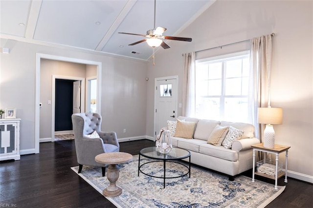 living room featuring high vaulted ceiling, ceiling fan, and dark hardwood / wood-style flooring