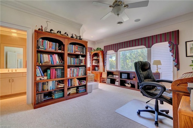 carpeted office space featuring crown molding, sink, and ceiling fan