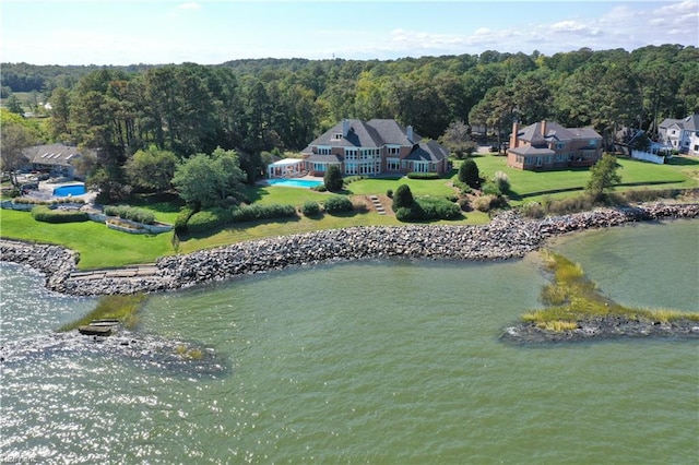 drone / aerial view with a water view