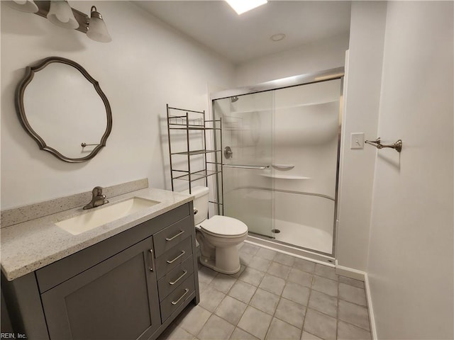 bathroom with vanity, toilet, an enclosed shower, and tile patterned floors