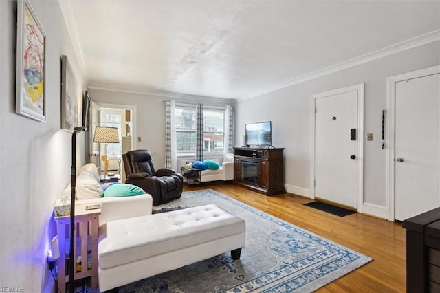 living room with crown molding and light hardwood / wood-style floors