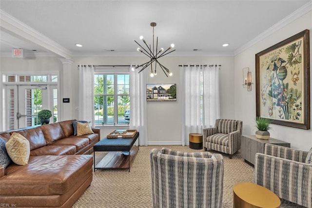 living room with light colored carpet, crown molding, and a chandelier