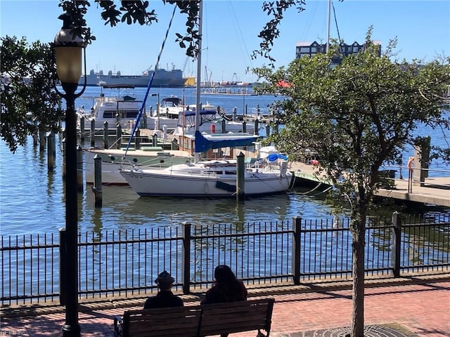 dock area featuring a water view