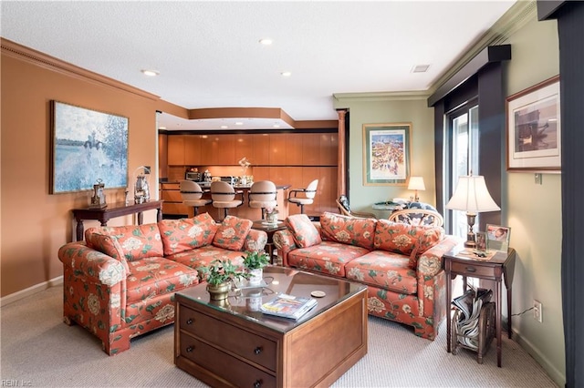 carpeted living room with crown molding