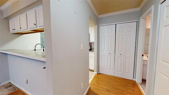 hallway with light hardwood / wood-style flooring, ornamental molding, and sink