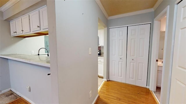 7 Tamarisk Quay Quay Unit 7B, Hampton, VA 23666 - hallway with a sink, ornamental molding, light wood-style flooring, and baseboards