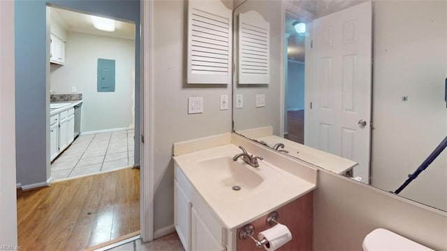 bathroom with toilet, vanity, hardwood / wood-style floors, and electric panel