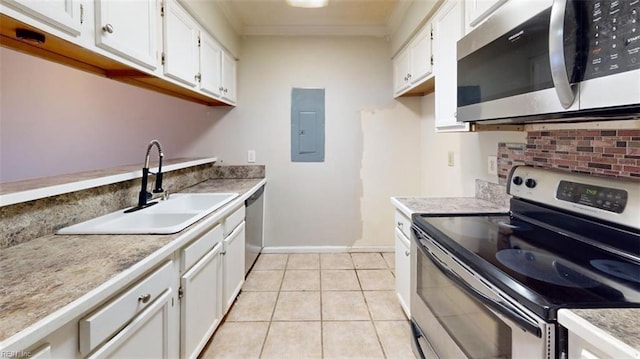 kitchen featuring electric panel, light tile patterned flooring, sink, white cabinetry, and stainless steel appliances