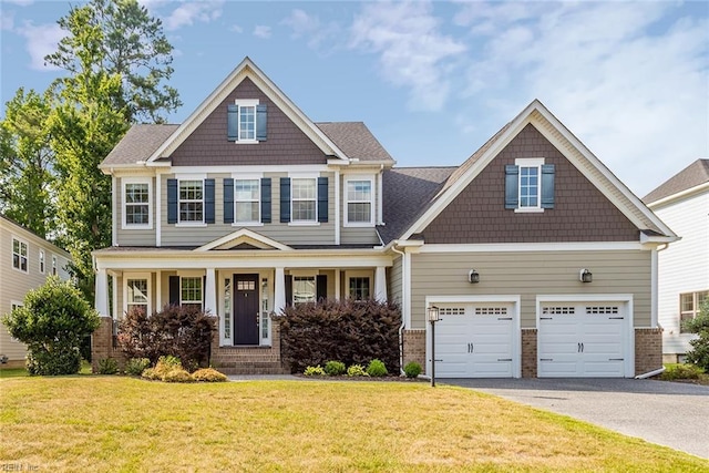 craftsman-style house with a front yard, a porch, and a garage