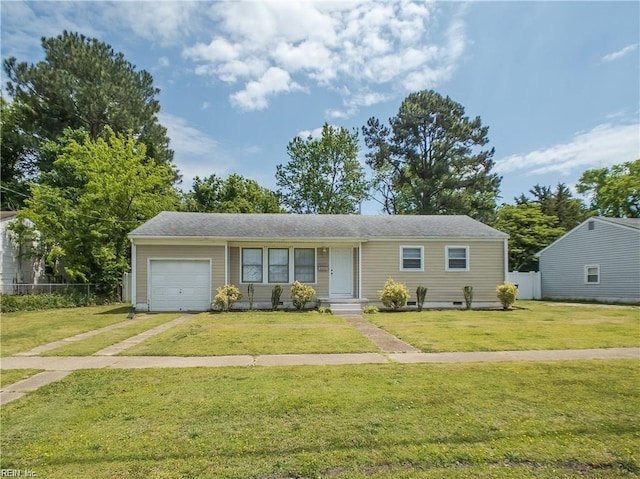 ranch-style house with a front yard and a garage