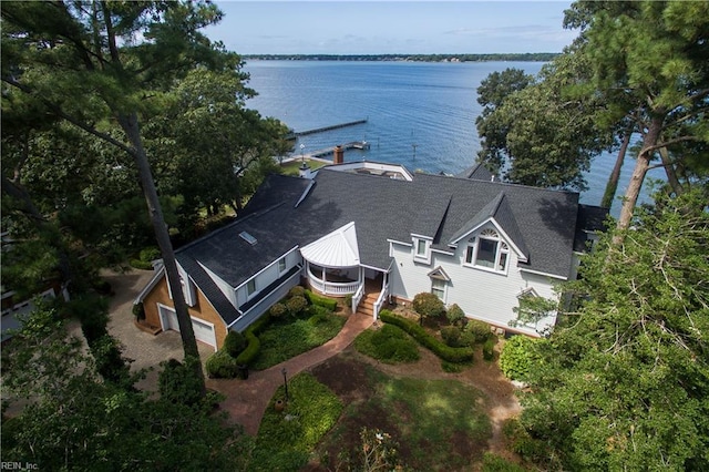 drone / aerial view featuring a water view