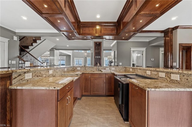 kitchen with ornamental molding, light stone countertops, and sink