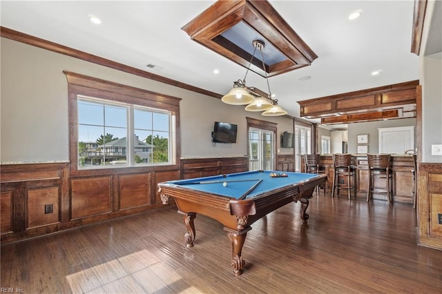 rec room with pool table, plenty of natural light, and dark wood-type flooring