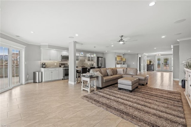 2816 Sandfiddler Rd, Virginia Beach, VA 23456 - living area with ornamental molding, ceiling fan, recessed lighting, and decorative columns