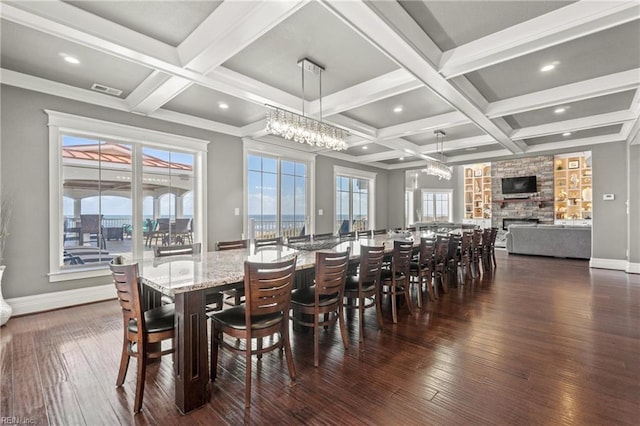 dining area featuring a wealth of natural light, dark hardwood / wood-style floors, and a fireplace