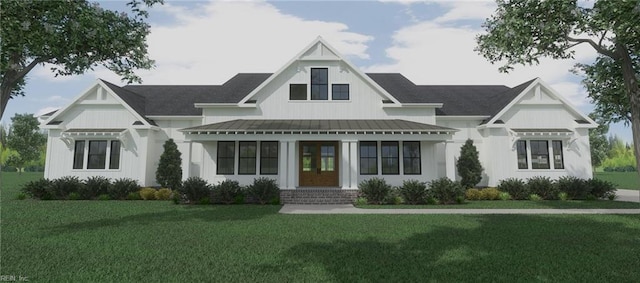 modern inspired farmhouse with metal roof, a standing seam roof, board and batten siding, and a front yard