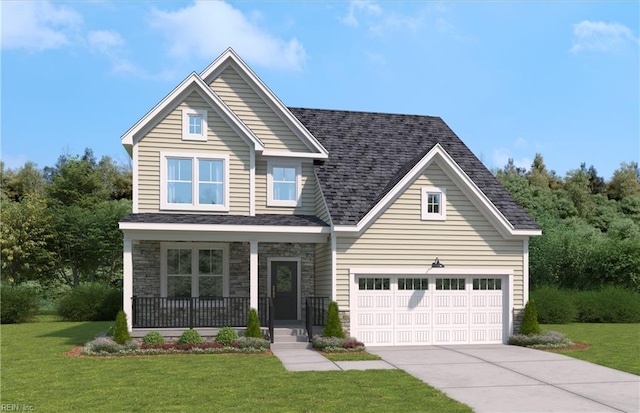 view of front of property with covered porch, a garage, and a front lawn