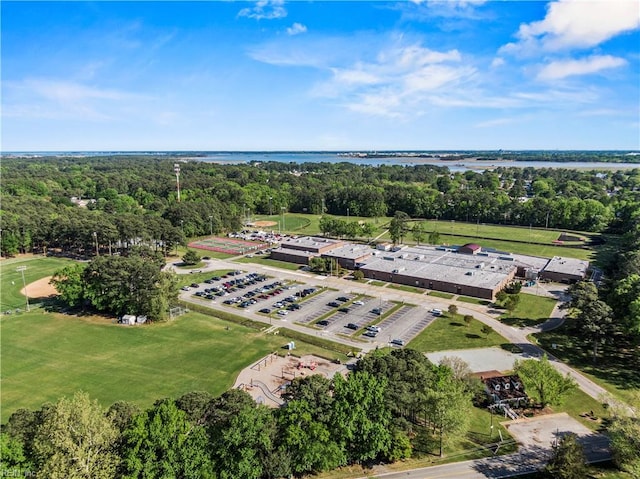 bird's eye view with a water view