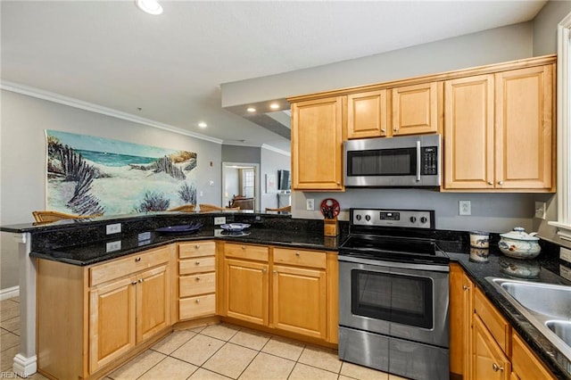 kitchen featuring kitchen peninsula, stainless steel appliances, light tile patterned floors, ornamental molding, and dark stone countertops