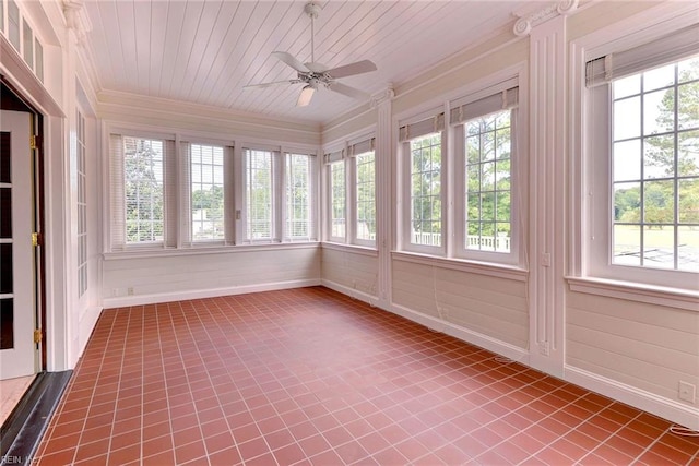 unfurnished sunroom featuring wooden ceiling, ceiling fan, and plenty of natural light