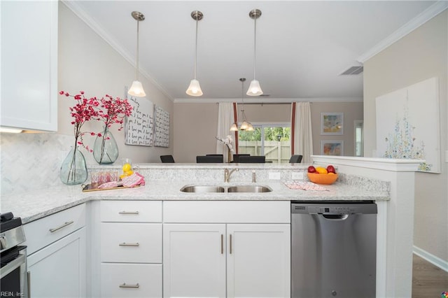 kitchen featuring light stone countertops, white cabinetry, sink, and stainless steel appliances