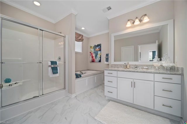 bathroom featuring vanity, plus walk in shower, and crown molding