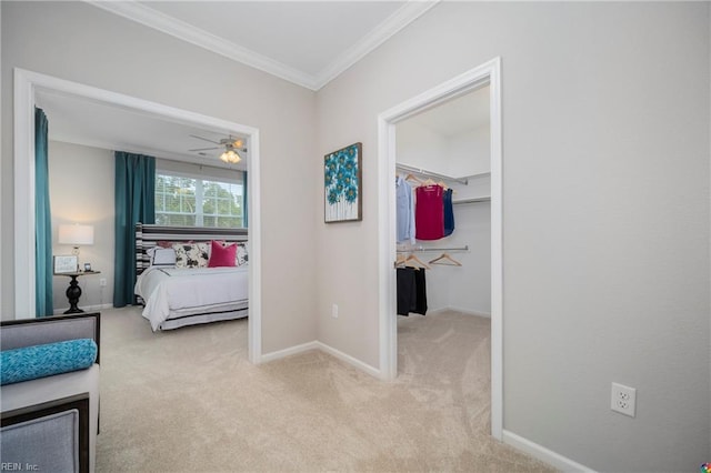 carpeted bedroom featuring ornamental molding