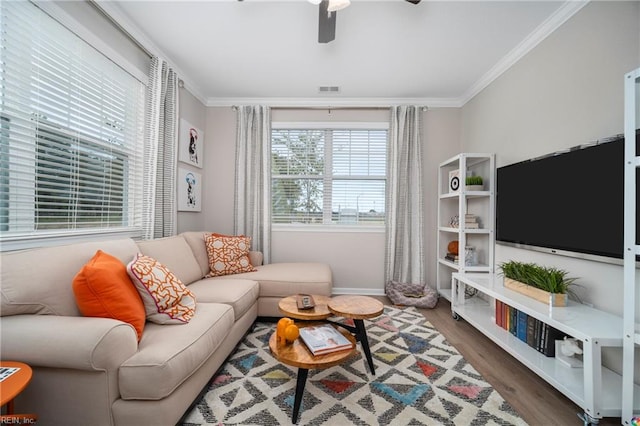 living room featuring ornamental molding, dark hardwood / wood-style floors, and ceiling fan