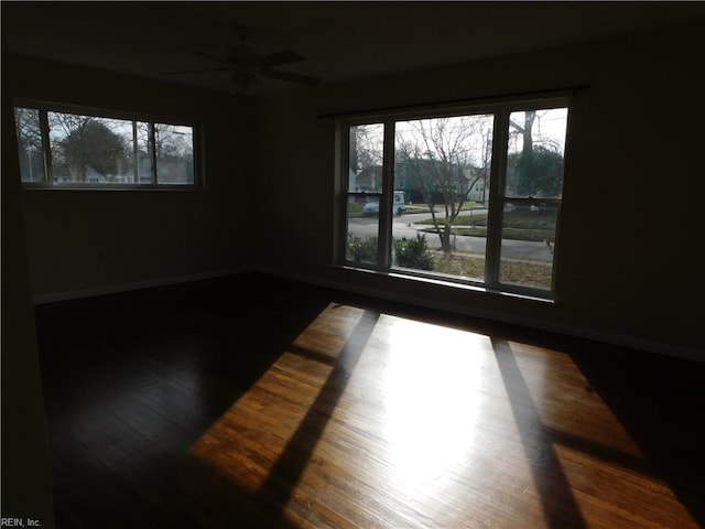 empty room with hardwood / wood-style floors and ceiling fan