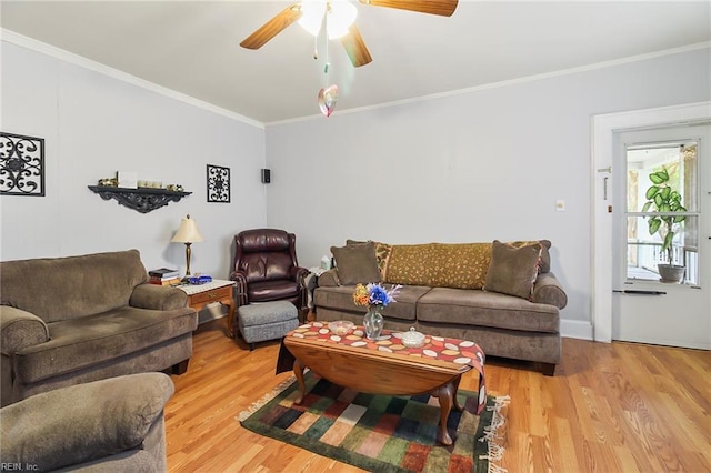 living room featuring ceiling fan, light hardwood / wood-style flooring, and crown molding