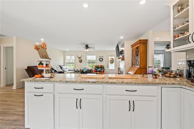 15338 Everets Rd, Windsor, VA 23487 - kitchen with ceiling fan, white cabinetry, light stone countertops, and recessed lighting