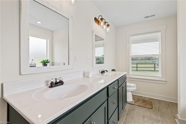 15338 Everets Rd, Windsor, VA 23487 - bathroom featuring plenty of natural light, double vanity, toilet, and baseboards