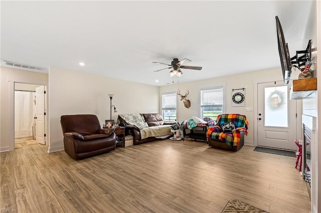 15338 Everets Rd, Windsor, VA 23487 - living area featuring ceiling fan, light wood-style floors, recessed lighting, and baseboards