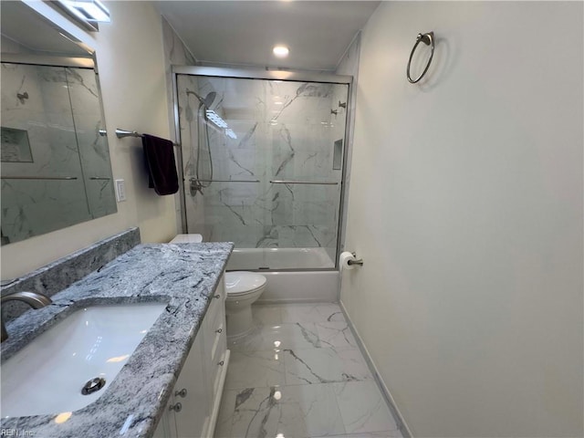 full bathroom featuring bath / shower combo with glass door, vanity, and toilet