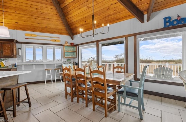 tiled dining room with vaulted ceiling with beams, plenty of natural light, and wooden ceiling