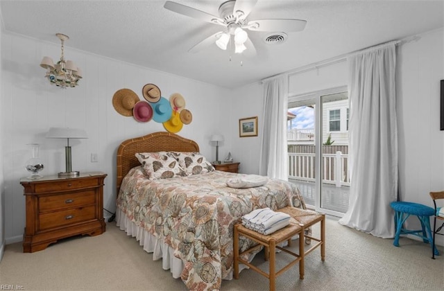 bedroom with access to outside, light carpet, and ceiling fan