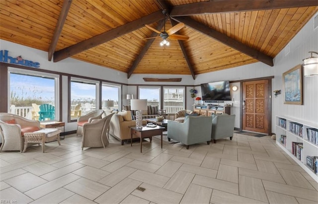 living room featuring beamed ceiling, high vaulted ceiling, ceiling fan, and wood ceiling