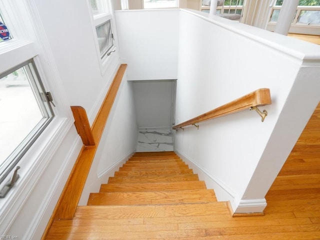 stairway featuring hardwood / wood-style floors and a healthy amount of sunlight