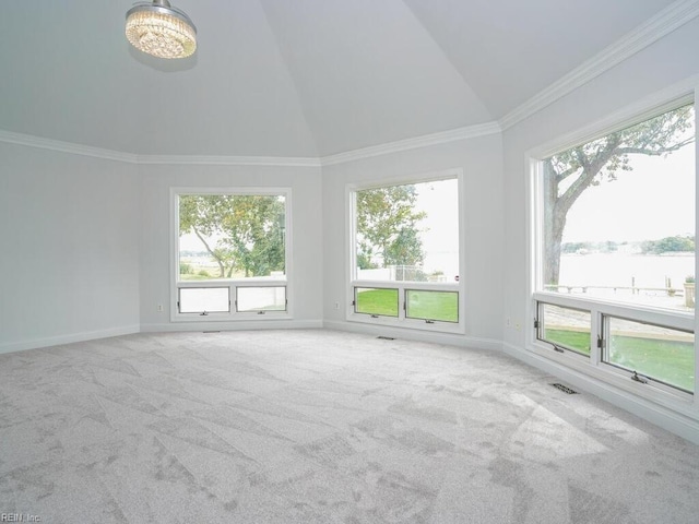 unfurnished room with lofted ceiling, light carpet, and a wealth of natural light