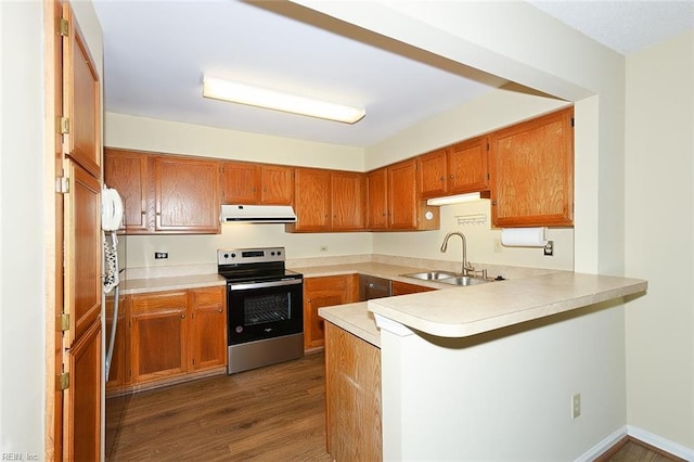 kitchen featuring dark hardwood / wood-style flooring, stainless steel electric stove, sink, and kitchen peninsula