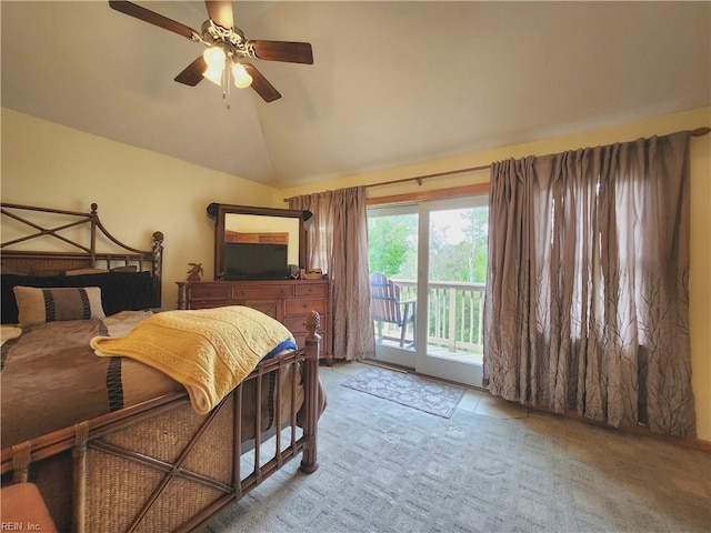 carpeted bedroom featuring vaulted ceiling, ceiling fan, and access to exterior