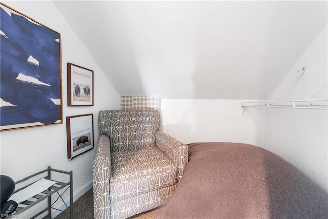 sitting room with vaulted ceiling and carpet flooring